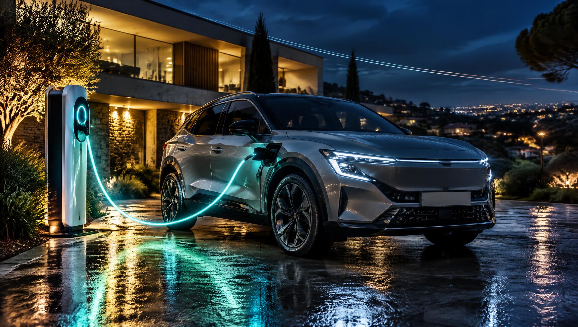 Voiture électrique française en charge sur une borne installée par Borne de l'Ouest